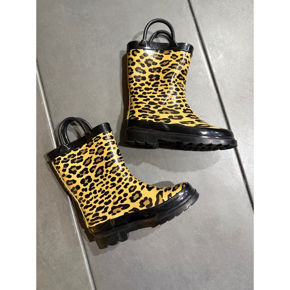 Vintage‎ Western Chief Kids Leopard Print Rain Boots Yellow Pull Handles Size 9